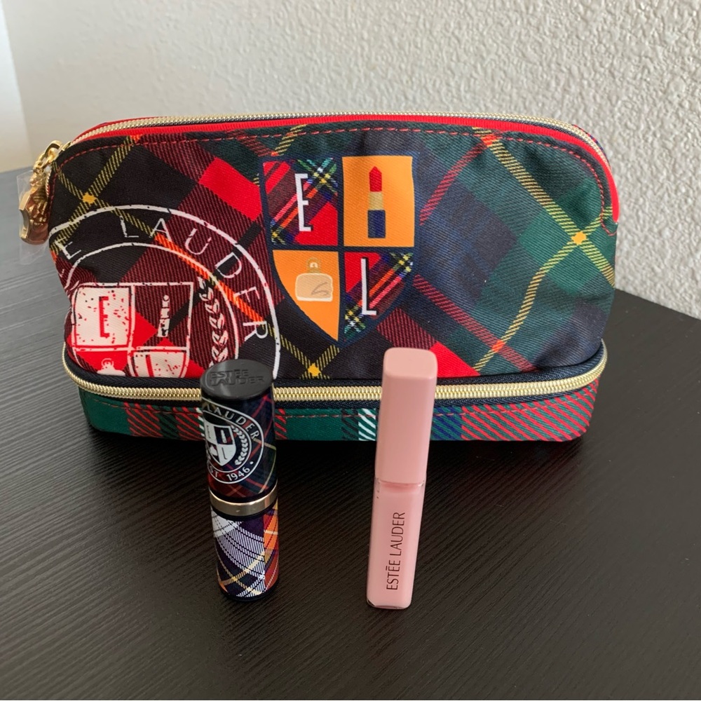 Estee Lauder double zipper cosmetic bag and matching lipstick full-size